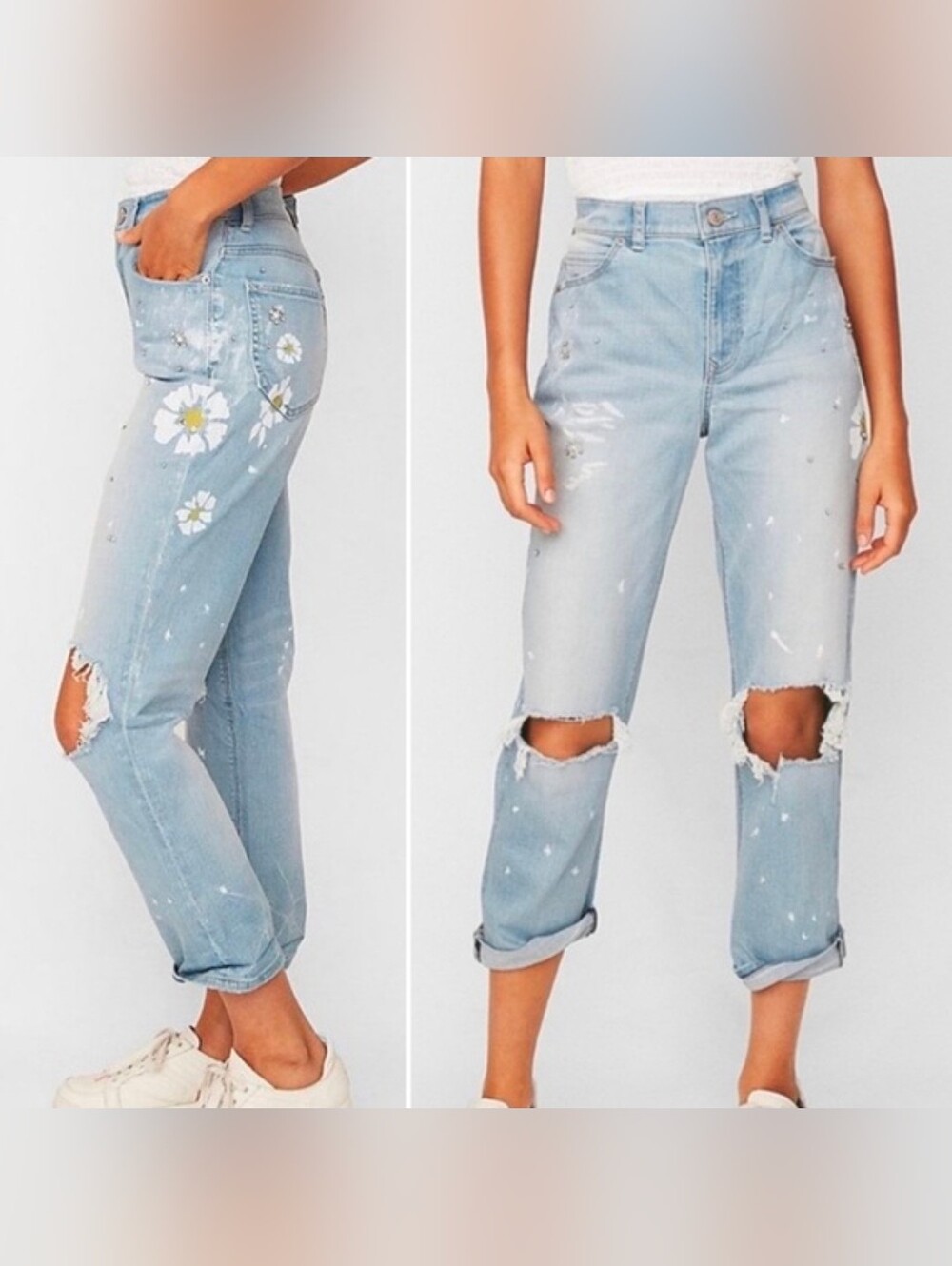 Express Jeans Women's Size 10 Blue Girlfriend High Rise Floral & Rhinestones